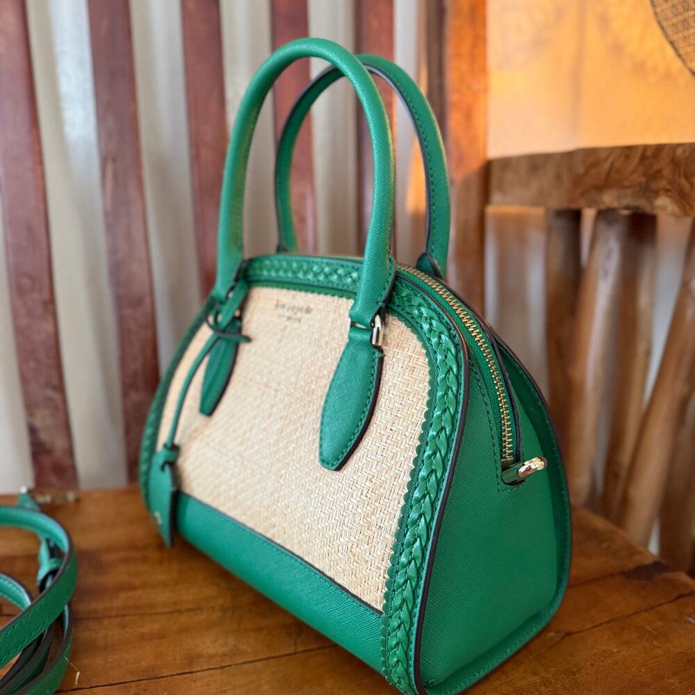 Kate Spade Reiley Raffia Straw & Green Leather Dome Satchel Crossbody - Picture 6 of 10